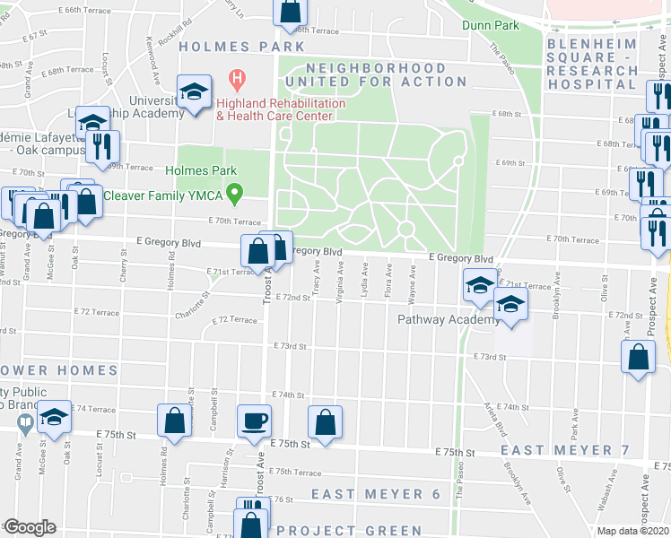 map of restaurants, bars, coffee shops, grocery stores, and more near 7102 Virginia Avenue in Kansas City