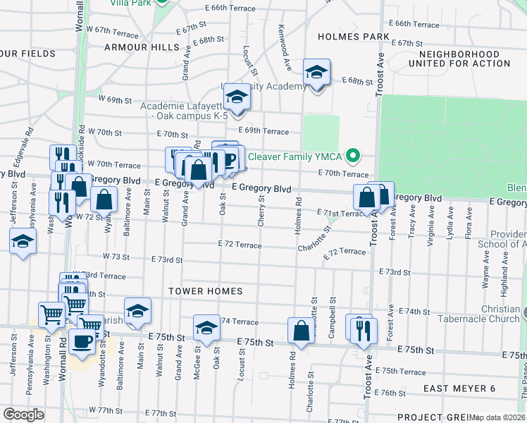 map of restaurants, bars, coffee shops, grocery stores, and more near 444 East 71st Terrace in Kansas City
