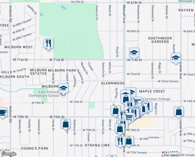 map of restaurants, bars, coffee shops, grocery stores, and more near 7206 Conser in Overland Park