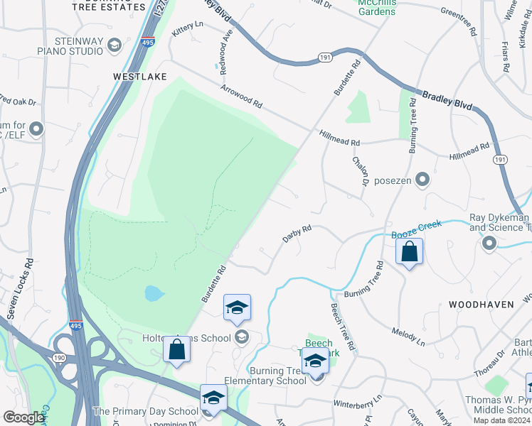 map of restaurants, bars, coffee shops, grocery stores, and more near 8711 Burdette Road in Bethesda