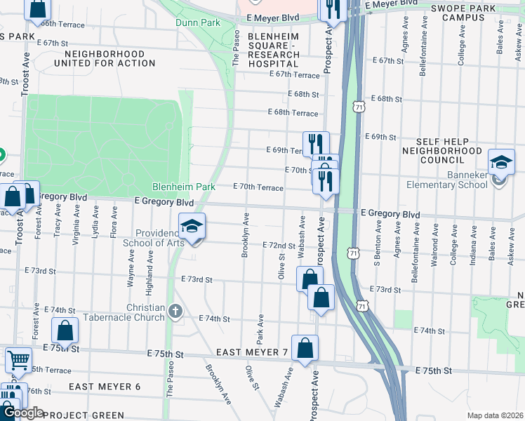 map of restaurants, bars, coffee shops, grocery stores, and more near 2234 East Gregory Boulevard in Kansas City