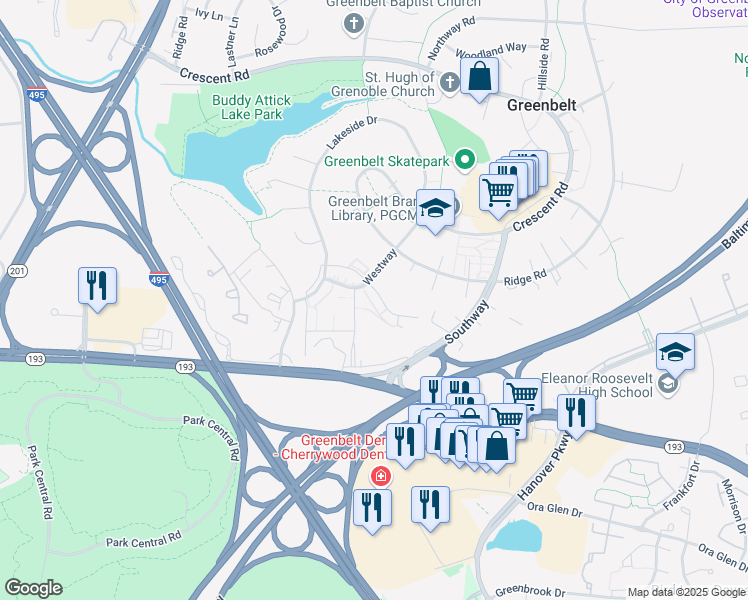map of restaurants, bars, coffee shops, grocery stores, and more near 157 Westway Road in Greenbelt