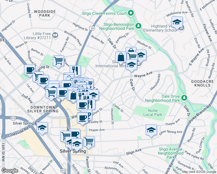 map of restaurants, bars, coffee shops, grocery stores, and more near Wayne Avenue in Silver Spring