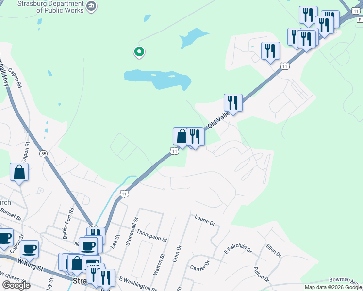 map of restaurants, bars, coffee shops, grocery stores, and more near 33699 Old Valley Pike in Strasburg