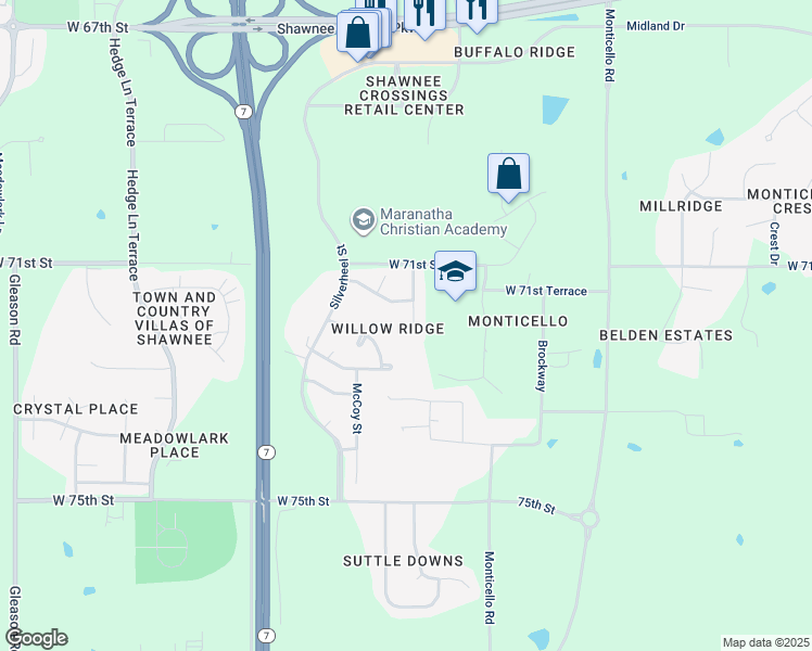 map of restaurants, bars, coffee shops, grocery stores, and more near 7138 Aminda Street in Shawnee