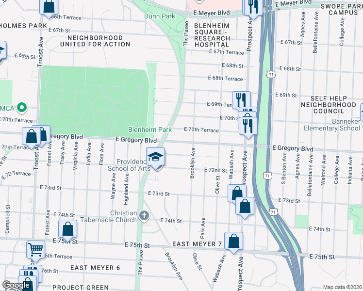 map of restaurants, bars, coffee shops, grocery stores, and more near 2026 East Gregory Boulevard in Kansas City