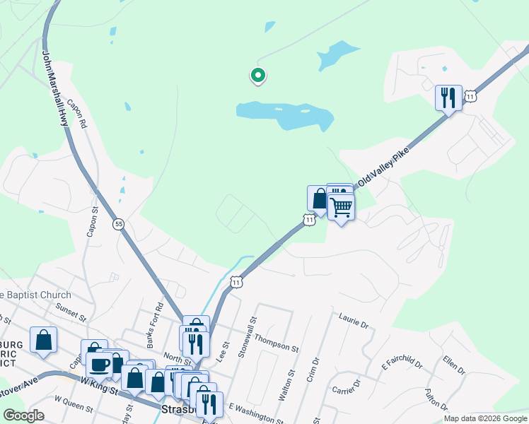 map of restaurants, bars, coffee shops, grocery stores, and more near 33227 Old Valley Pike in Strasburg