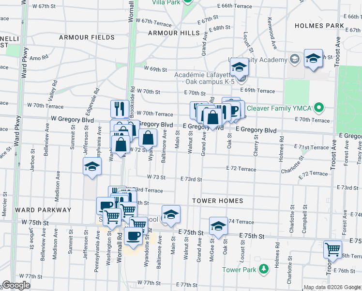 map of restaurants, bars, coffee shops, grocery stores, and more near 7122 Walnut Street in Kansas City