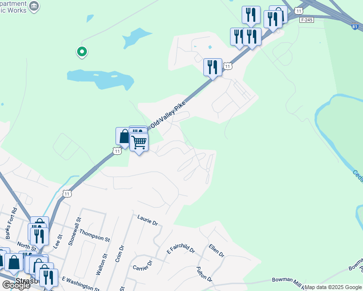 map of restaurants, bars, coffee shops, grocery stores, and more near 85 Hailey Lane in Strasburg