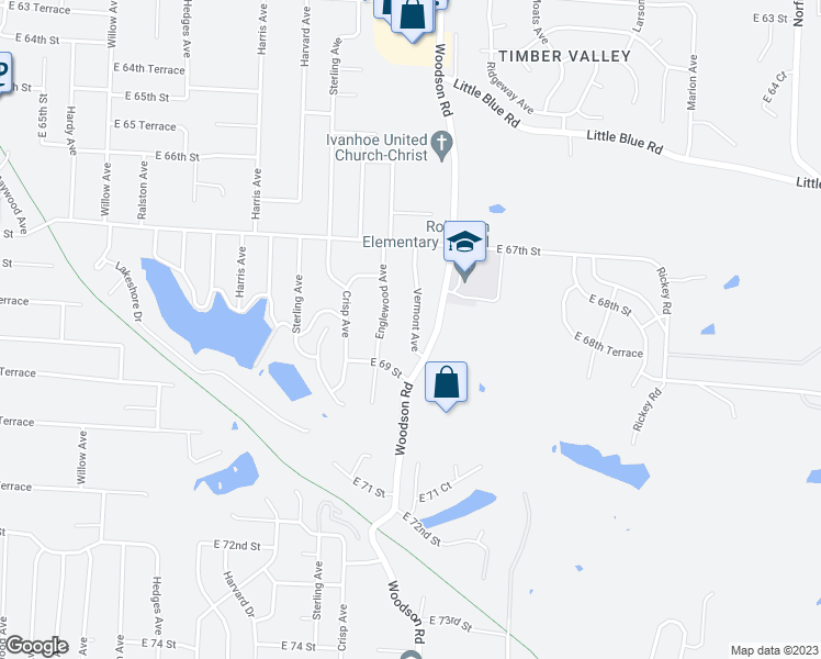 map of restaurants, bars, coffee shops, grocery stores, and more near 6812 Vermont Avenue in Raytown