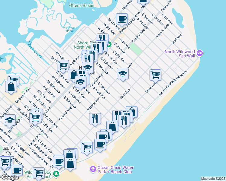 map of restaurants, bars, coffee shops, grocery stores, and more near 1309 Atlantic Avenue in North Wildwood