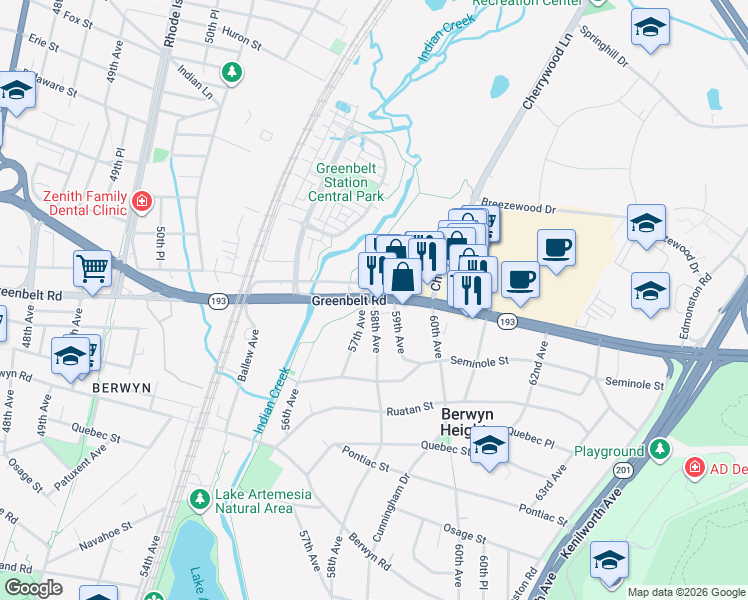 map of restaurants, bars, coffee shops, grocery stores, and more near Greenbelt Rd & 58th Ave in Berwyn Heights