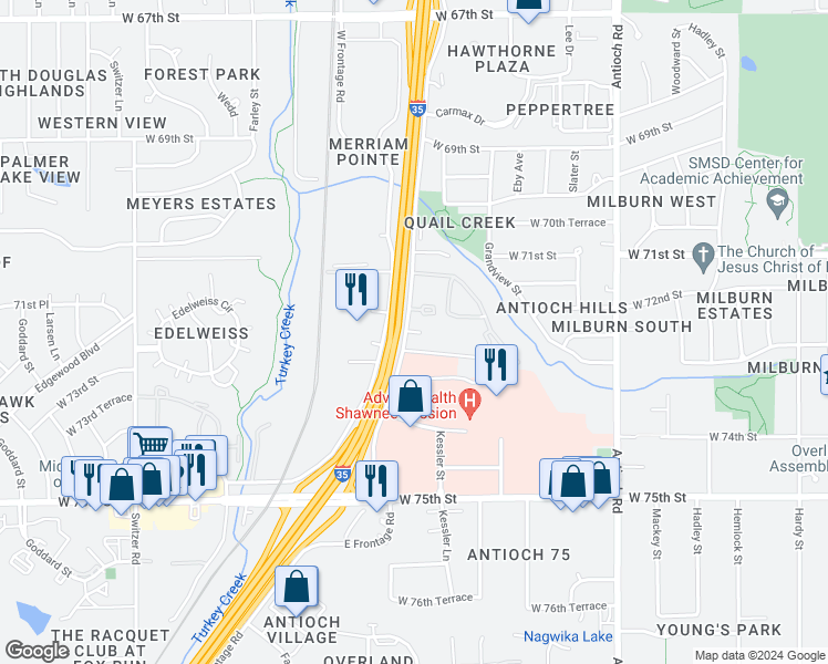 map of restaurants, bars, coffee shops, grocery stores, and more near 72nd Terrace in Overland Park