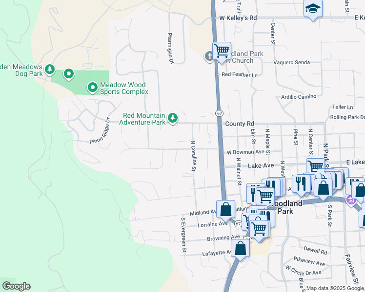 map of restaurants, bars, coffee shops, grocery stores, and more near 1020 West Bowman Avenue in Woodland Park