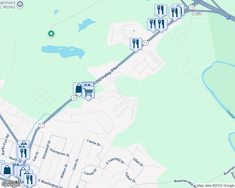 map of restaurants, bars, coffee shops, grocery stores, and more near 65 Hailey Lane in Strasburg