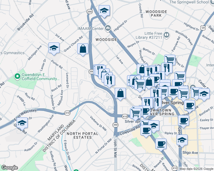 map of restaurants, bars, coffee shops, grocery stores, and more near 8613 16th Street in Silver Spring