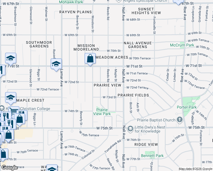 map of restaurants, bars, coffee shops, grocery stores, and more near 7144 Reeds Road in Overland Park