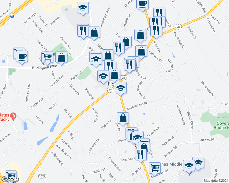 map of restaurants, bars, coffee shops, grocery stores, and more near in Florence