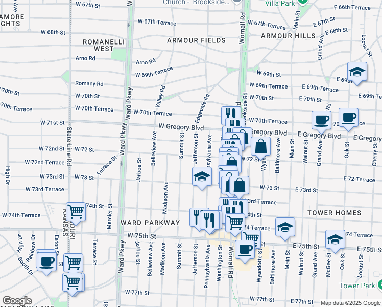 map of restaurants, bars, coffee shops, grocery stores, and more near 7132 Jefferson Street in Kansas City