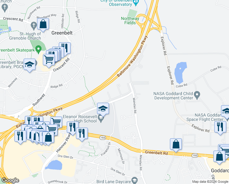 map of restaurants, bars, coffee shops, grocery stores, and more near 7810 Hanover Parkway in Greenbelt