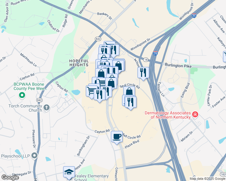 map of restaurants, bars, coffee shops, grocery stores, and more near 7688 Mall Road in Florence