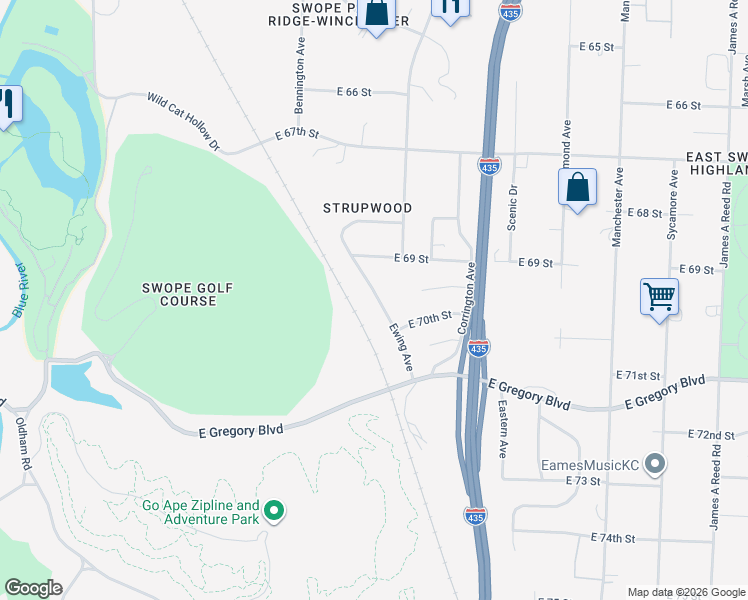 map of restaurants, bars, coffee shops, grocery stores, and more near 6930 Ewing Avenue in Kansas City