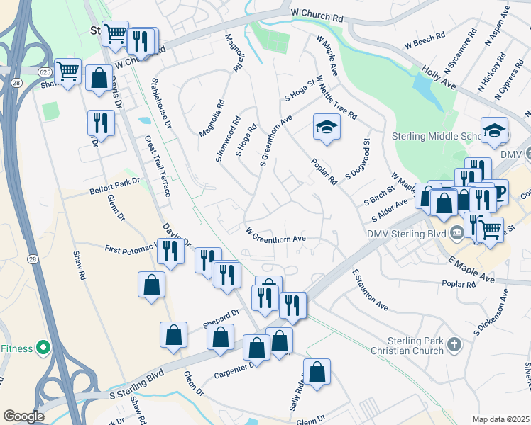 map of restaurants, bars, coffee shops, grocery stores, and more near 894 Holborn Court in Sterling