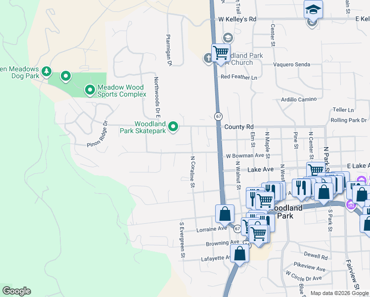 map of restaurants, bars, coffee shops, grocery stores, and more near 1020 West Bowman Avenue in Woodland Park