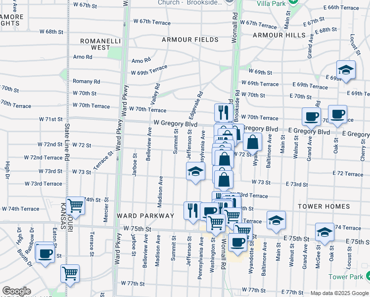 map of restaurants, bars, coffee shops, grocery stores, and more near 7132 Jefferson Street in Kansas City