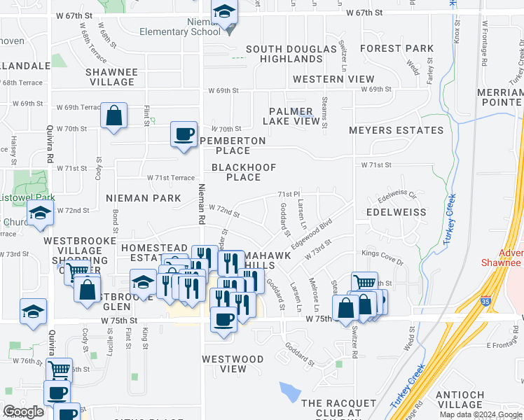 map of restaurants, bars, coffee shops, grocery stores, and more near 7106 Ballentine Street in Shawnee