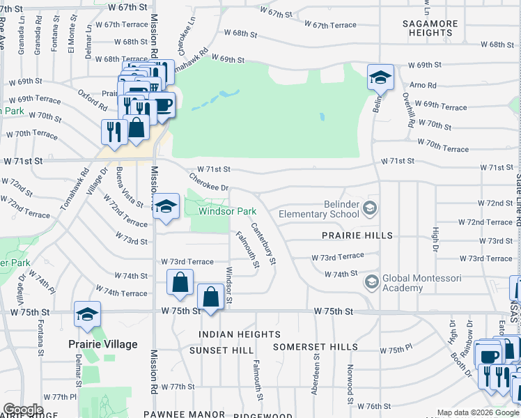 map of restaurants, bars, coffee shops, grocery stores, and more near 7176 Cherokee Drive in Prairie Village