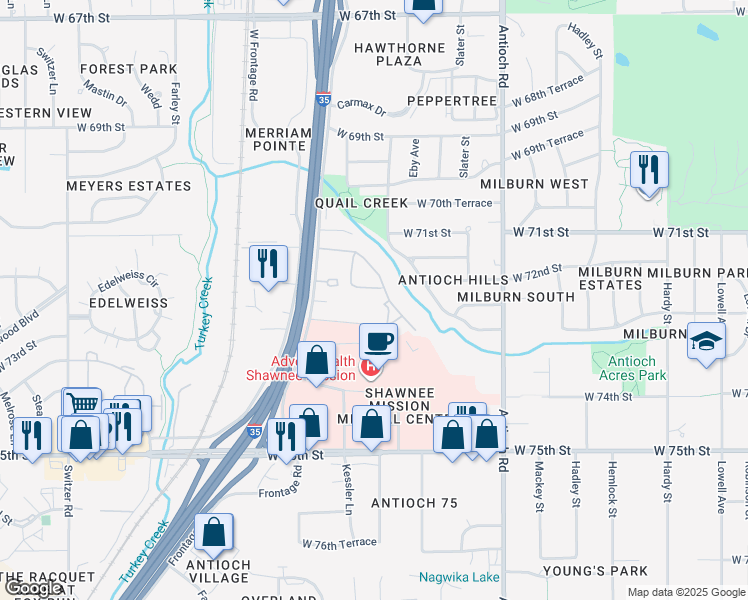 map of restaurants, bars, coffee shops, grocery stores, and more near 9109 West 72nd Street in Merriam