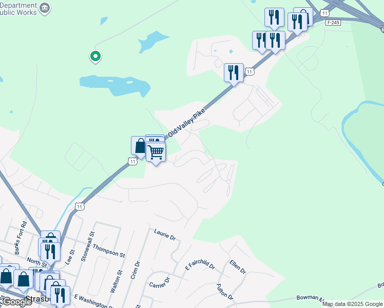 map of restaurants, bars, coffee shops, grocery stores, and more near 125 Hailey Lane in Strasburg