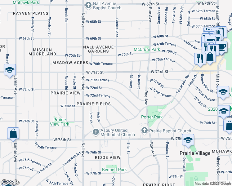map of restaurants, bars, coffee shops, grocery stores, and more near 5016 West 72nd Street in Prairie Village
