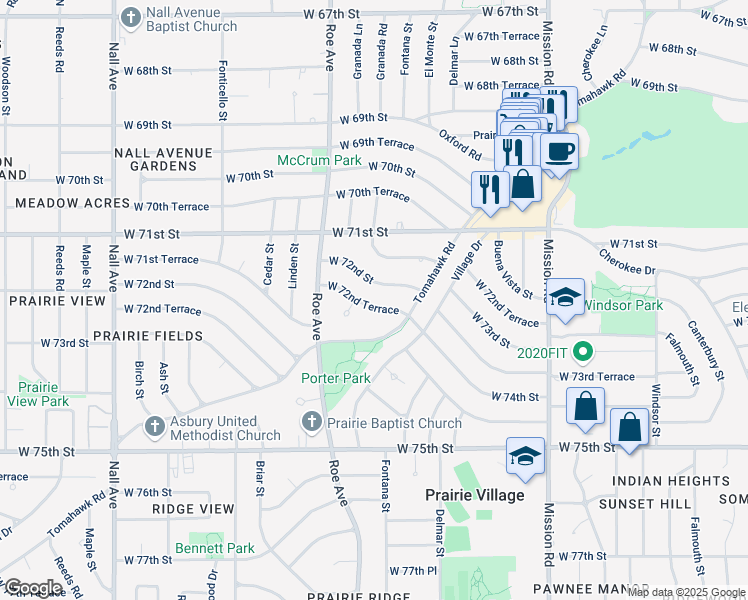 map of restaurants, bars, coffee shops, grocery stores, and more near 4511 West 72nd Street in Prairie Village
