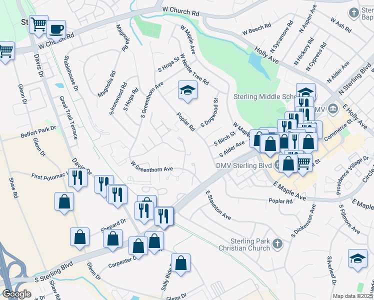 map of restaurants, bars, coffee shops, grocery stores, and more near 910 Sherwood Court in Sterling