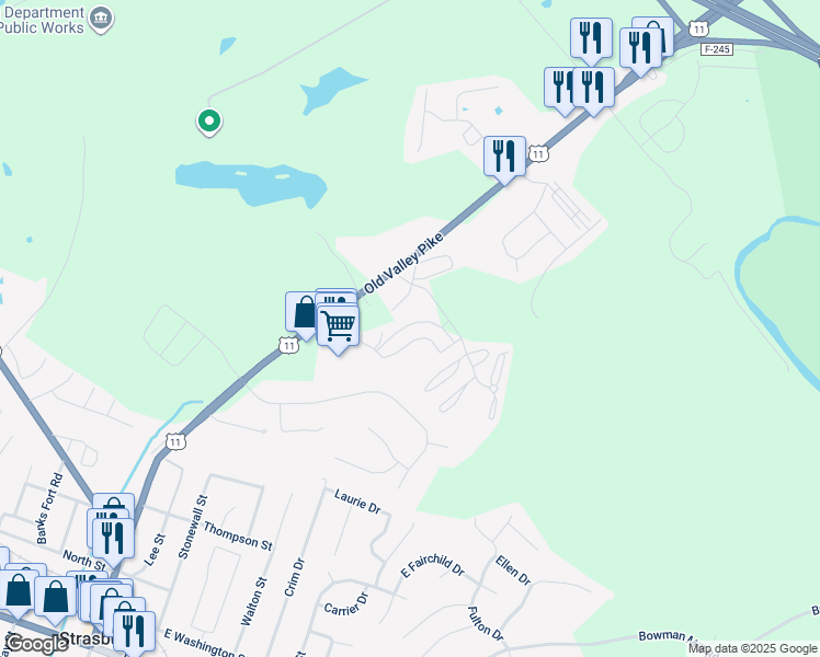 map of restaurants, bars, coffee shops, grocery stores, and more near 125 Hailey Lane in Strasburg