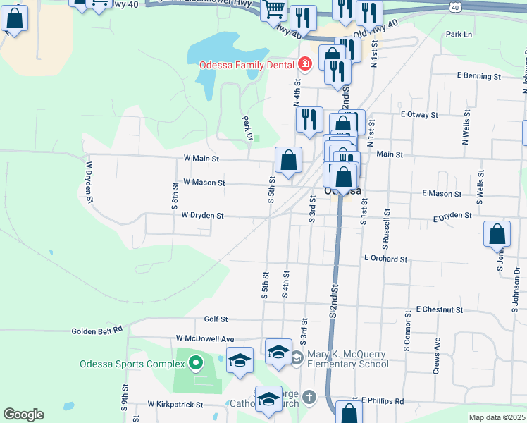 map of restaurants, bars, coffee shops, grocery stores, and more near 505 West Dryden Street in Odessa