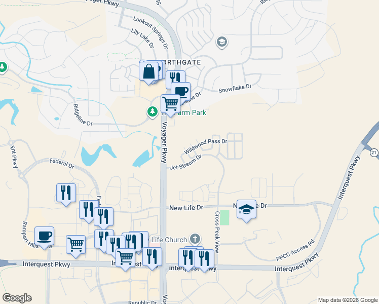 map of restaurants, bars, coffee shops, grocery stores, and more near 1722 Wildwood Pass Drive in Colorado Springs