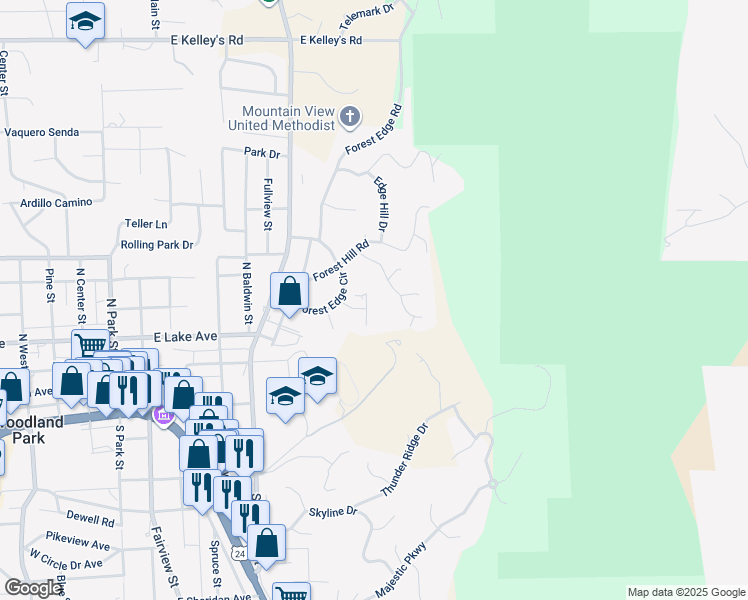 map of restaurants, bars, coffee shops, grocery stores, and more near 509 Mountain View Place in Woodland Park
