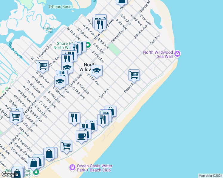 map of restaurants, bars, coffee shops, grocery stores, and more near 1113 Surf Avenue in North Wildwood