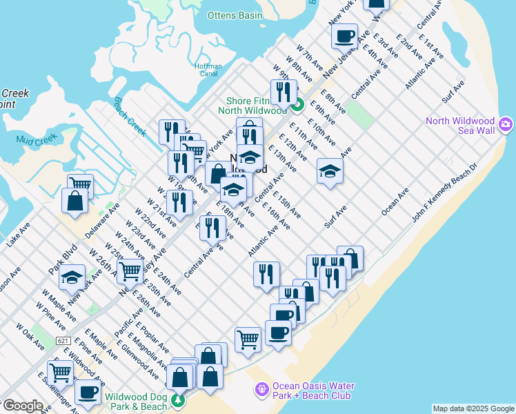map of restaurants, bars, coffee shops, grocery stores, and more near 1611B Central Avenue in Wildwood