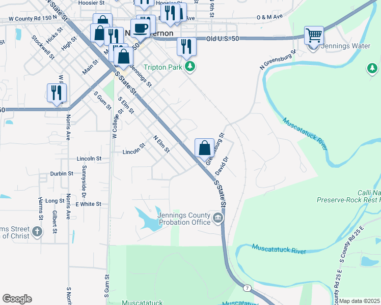 map of restaurants, bars, coffee shops, grocery stores, and more near 720 South State Street in North Vernon