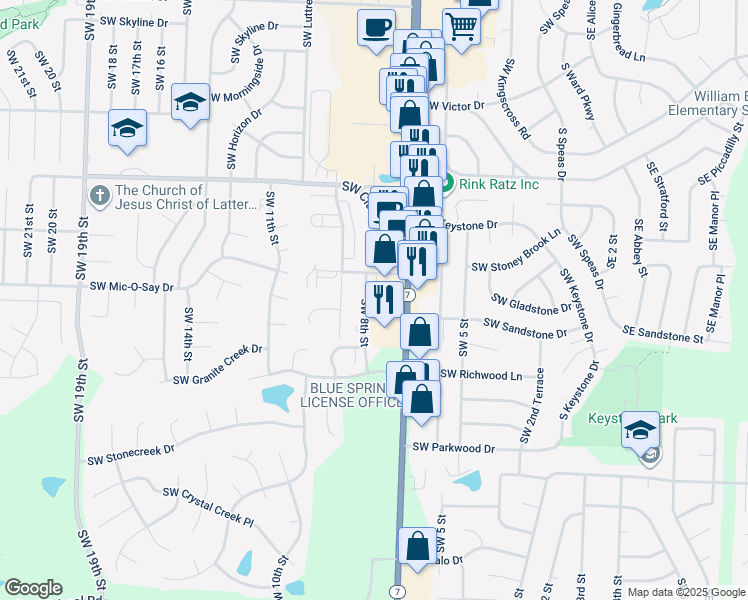 map of restaurants, bars, coffee shops, grocery stores, and more near 1901 Southwest 8th Street in Blue Springs