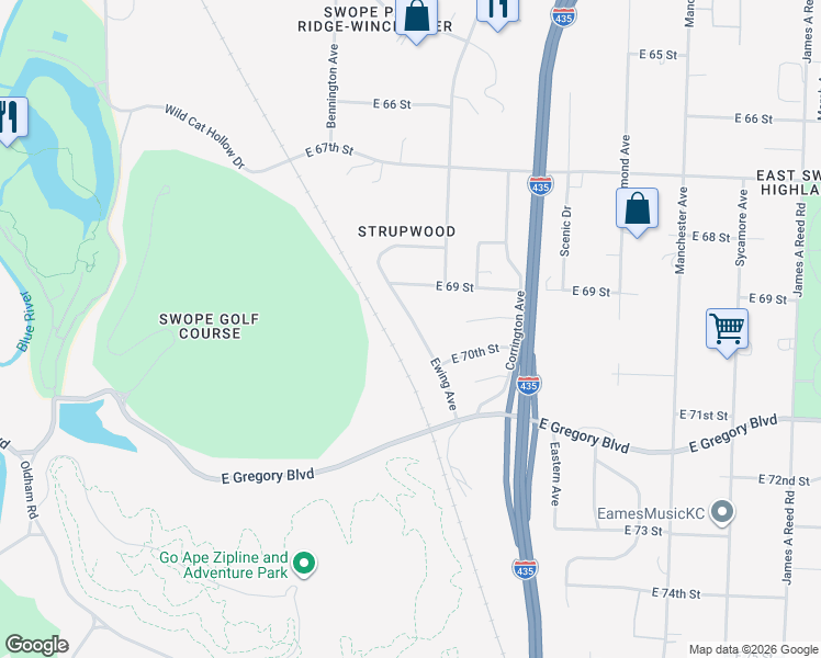 map of restaurants, bars, coffee shops, grocery stores, and more near 6916 Ewing Avenue in Kansas City