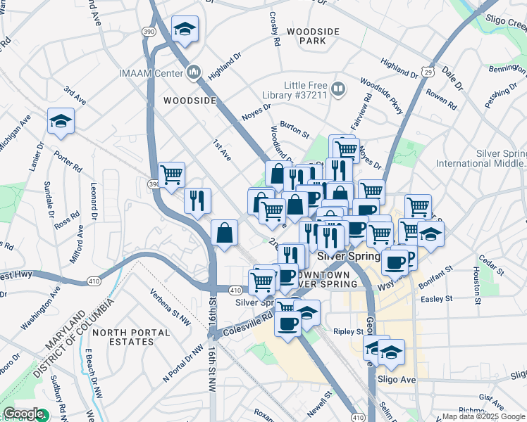 map of restaurants, bars, coffee shops, grocery stores, and more near 101 Independence Avenue Southeast in Washington
