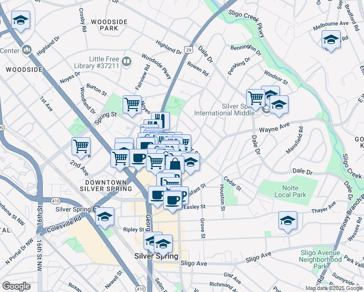 map of restaurants, bars, coffee shops, grocery stores, and more near 815 Pershing Drive in Silver Spring