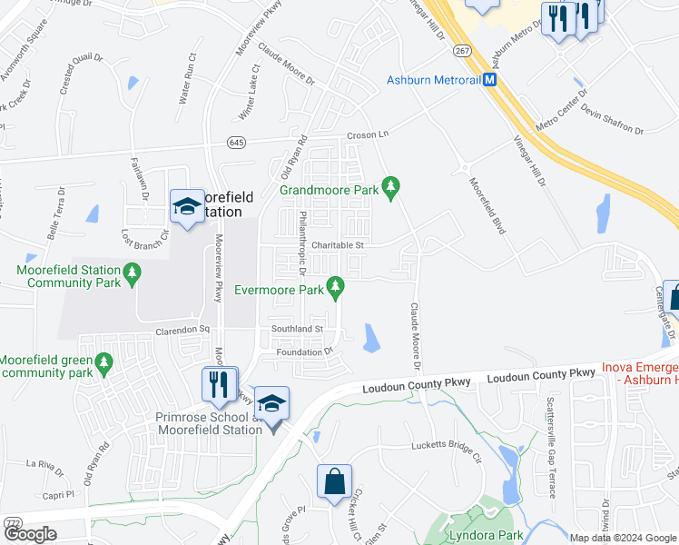 map of restaurants, bars, coffee shops, grocery stores, and more near 22342 Foundation Drive in Ashburn