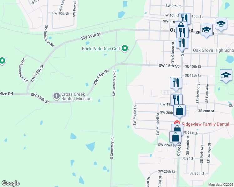 map of restaurants, bars, coffee shops, grocery stores, and more near 1801 Southwest Cemetery Road in Oak Grove