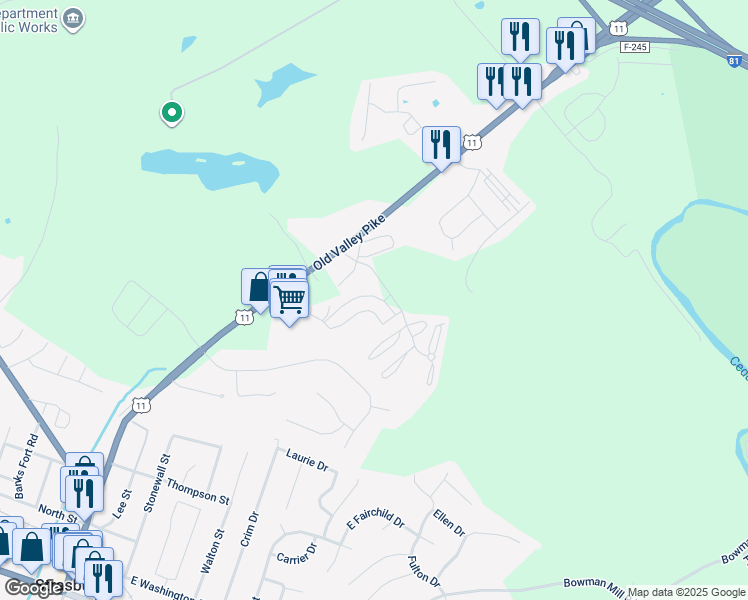 map of restaurants, bars, coffee shops, grocery stores, and more near 85 Hailey Lane in Strasburg